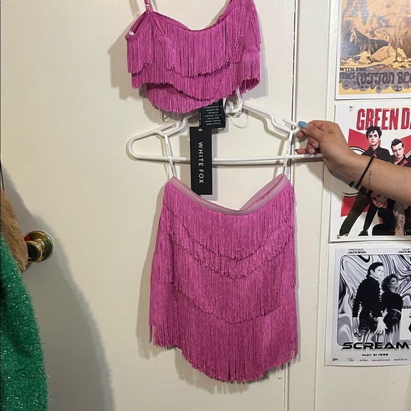 White Fox Boutique Vibrant Pink Fringe Skirt Set - Picture 5 of 5